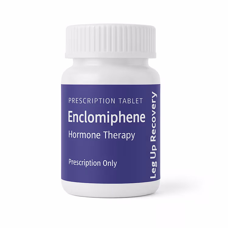 Bottle of prescription Enclomiphene tablets for hormone therapy