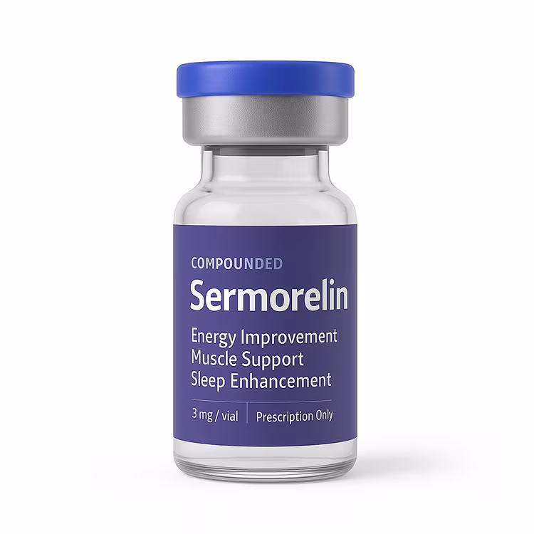 Vial of prescription Injectable Sermorelin for muscle recovery and sleep